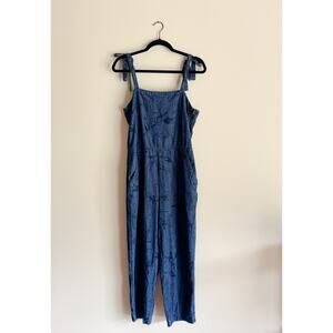 Unpublished Blue Denim Floral Print Square Neck Shoulder Tie Overalls Medium